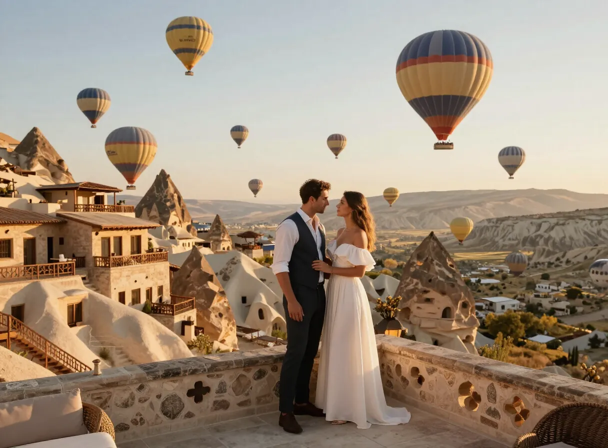 Couple on a cave hotel terrace in Uçhisar watching hot air balloons at sunrise during a luxury Cappadocia honeymoon