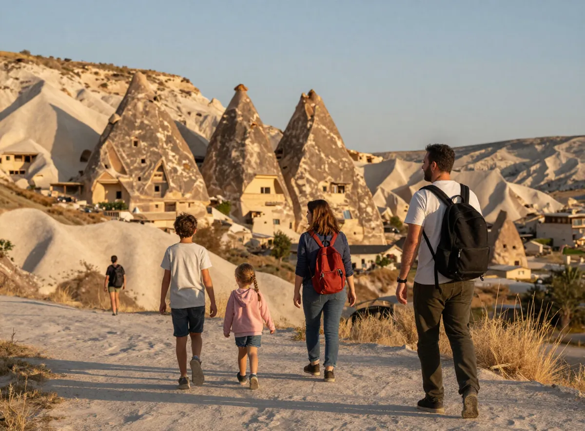 Family walking together through the distinctive rock landscape of Cappadocia