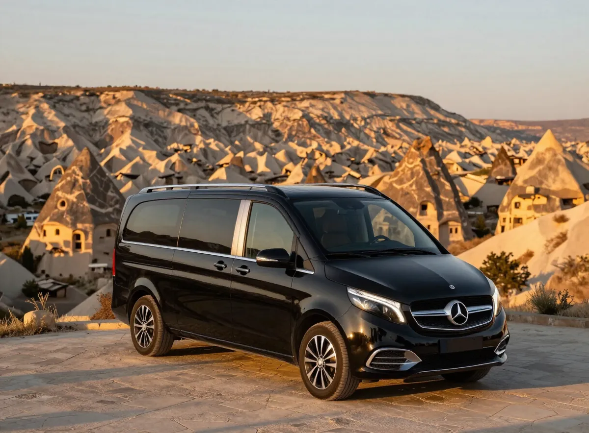 Private luxury Mercedes van on a stone terrace in Uçhisar, Cappadocia, for a two-day private tour